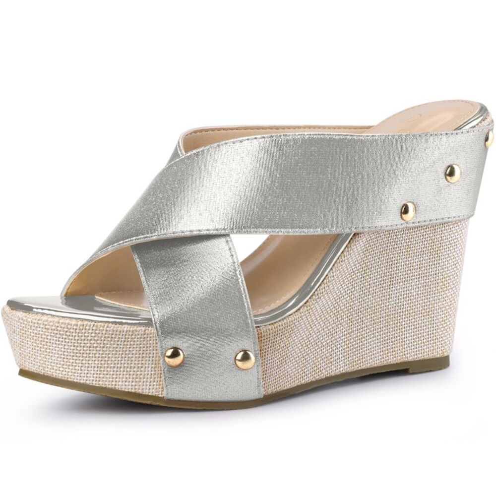 Open Toe Platform Linen Slide Wedge Sandals Silver